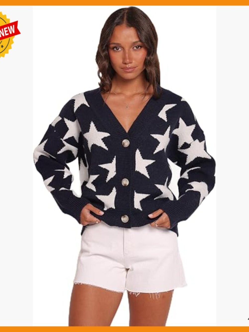 Long Sleeve V Neck Cardigan with Star Design, Perfect for Layering